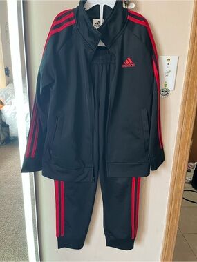 Boys Adidas Black and Red Three-Stripe Track Jacket & Pants